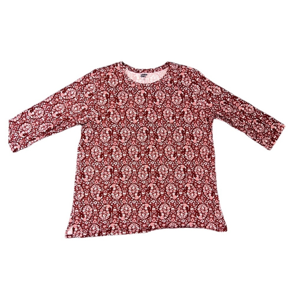 Lands’ End Women’s Large Burgundy Floral 3/4 Sleeve Cotton Top